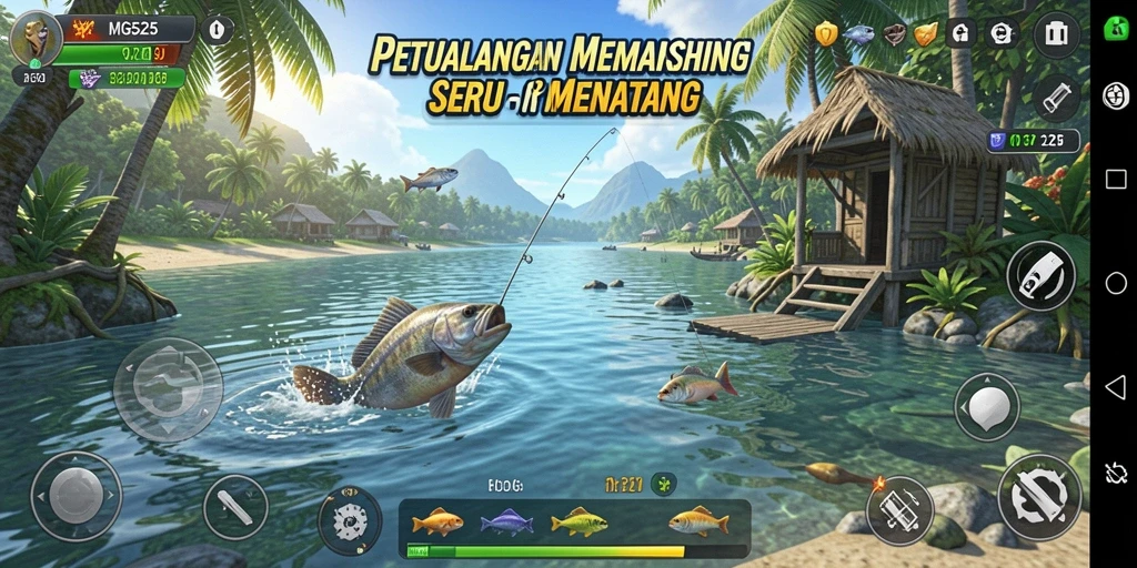 Gameplay seru MG525 dengan pemandangan memancing yang indah.