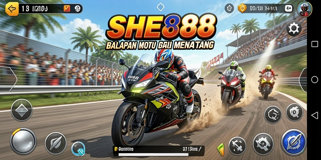 Screenshot utama SHE888 menampilkan serunya balapan motor di lintasan yang mendebarkan.