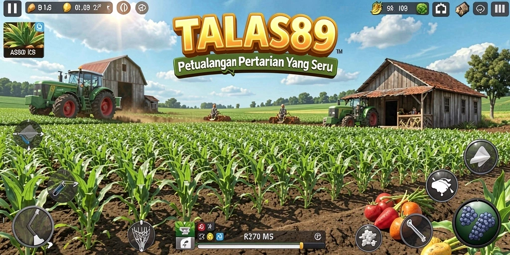 Tampilan gameplay <strong>TALAS89</strong> yang penuh warna dan menarik dalam bertani.
