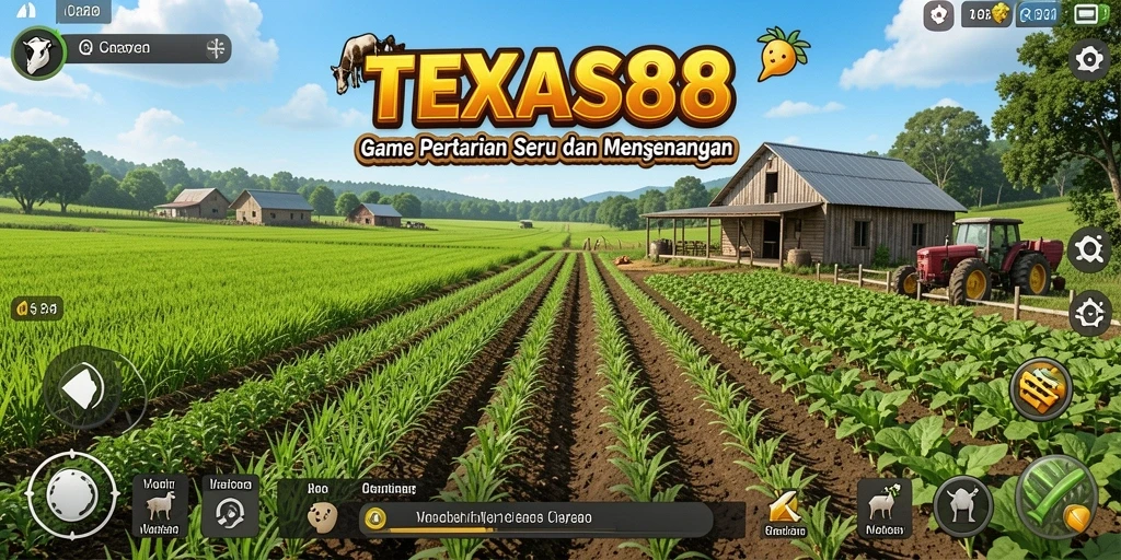 Screenshot menunjukkan gameplay TEXAS88 dengan ladang yang subur dan hewan ternak.